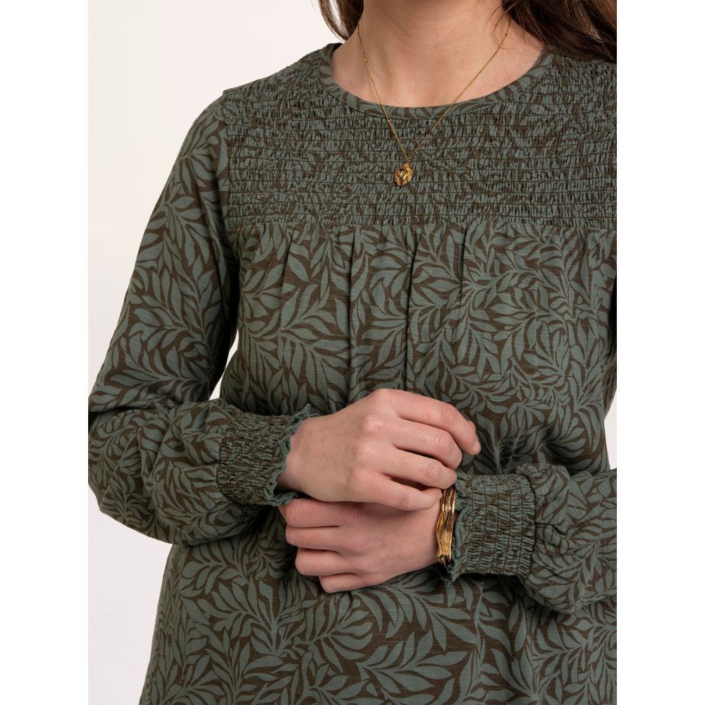 Brakeburn Brenda Smock Front Leaf Long Sleeve T-Shirt - Green
