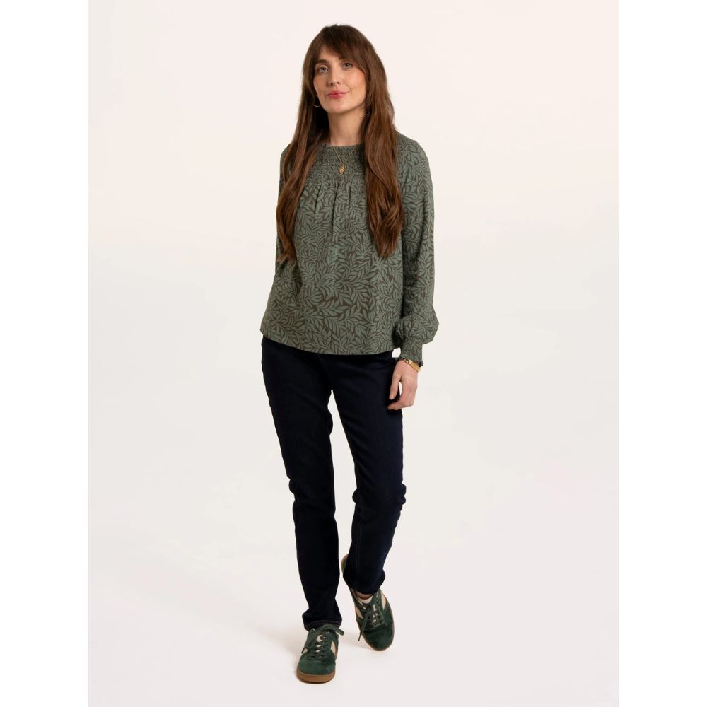 Brakeburn Brenda Smock Front Leaf Long Sleeve T-Shirt - Green