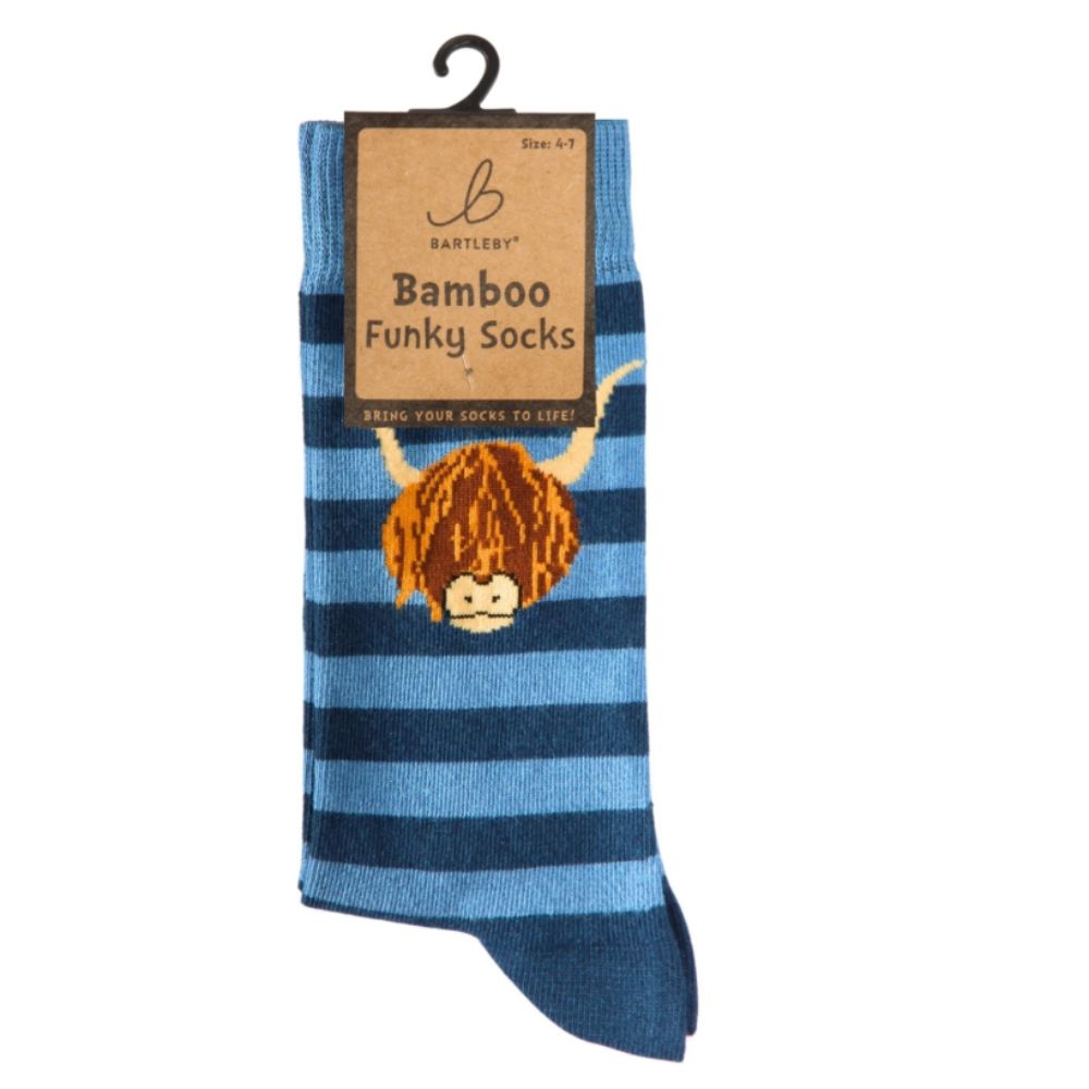 Bartleby Mens Striped Highland Cow Funky Bamboo Socks  - Size 4-7