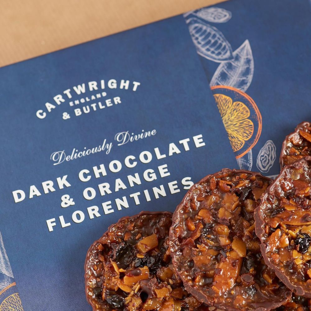 Cartwright & Butler 100g Dark Chocolate and Orange Florentines | Gold Christmas Carton