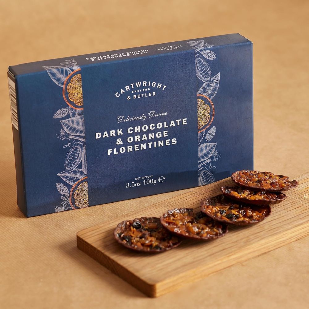 Cartwright & Butler 100g Dark Chocolate and Orange Florentines | Gold Christmas Carton
