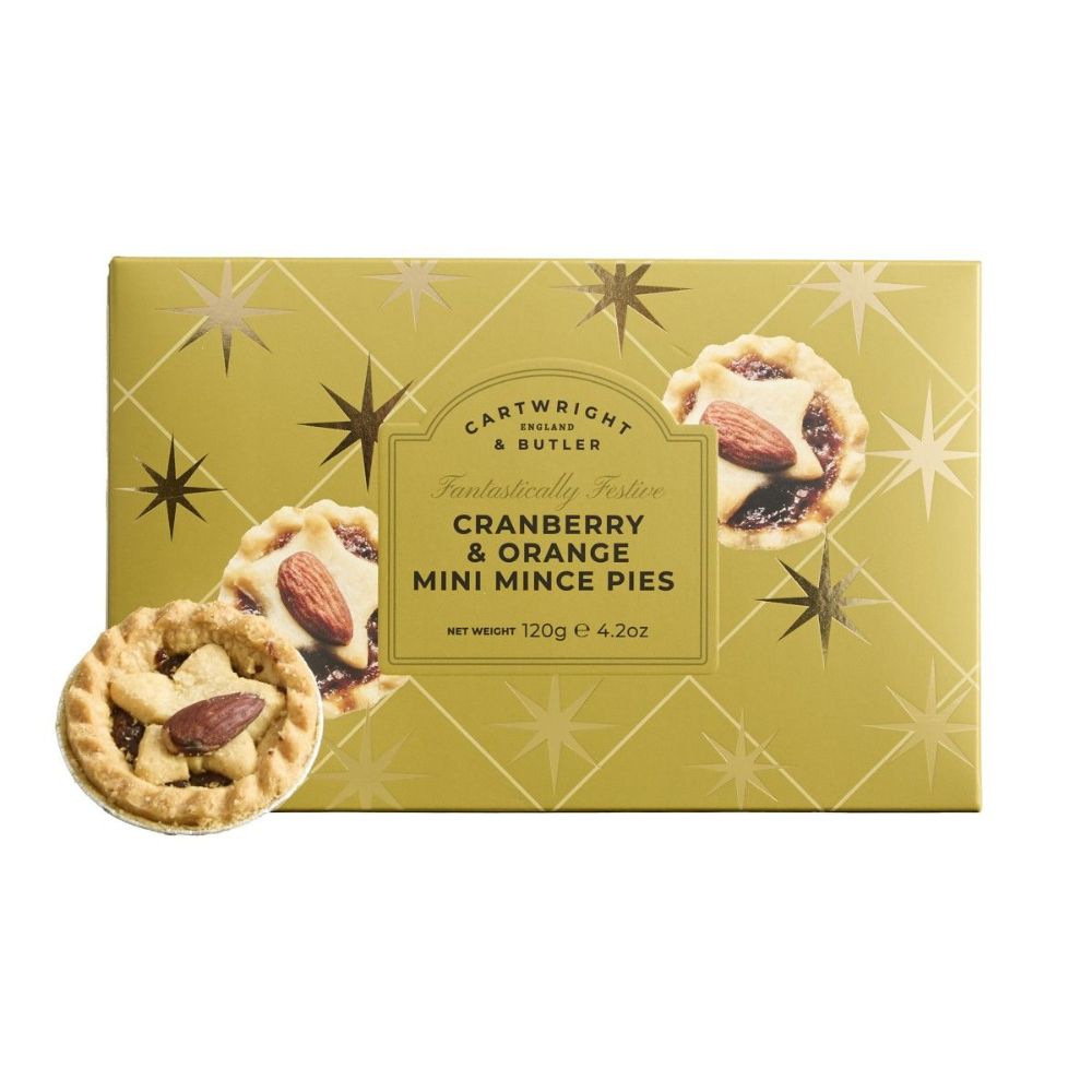 Cartwright & Butler 120g Cranberry & Orange Mini Mince Pies | Gold Christmas Carton