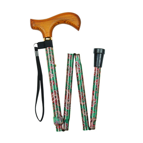 Charles Buyers 37" Paisley Pattern Adjustable Folding Walking Stick - Green - Old Railway Line Garden Centre