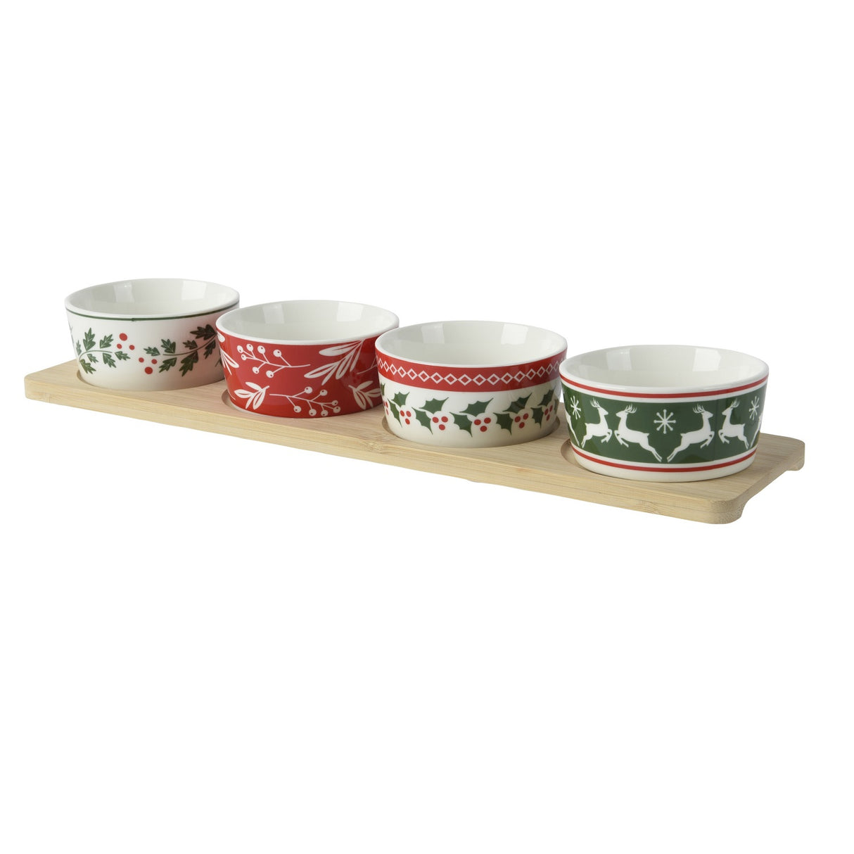 Set of four decorated bowls on a wooden tray with a white background