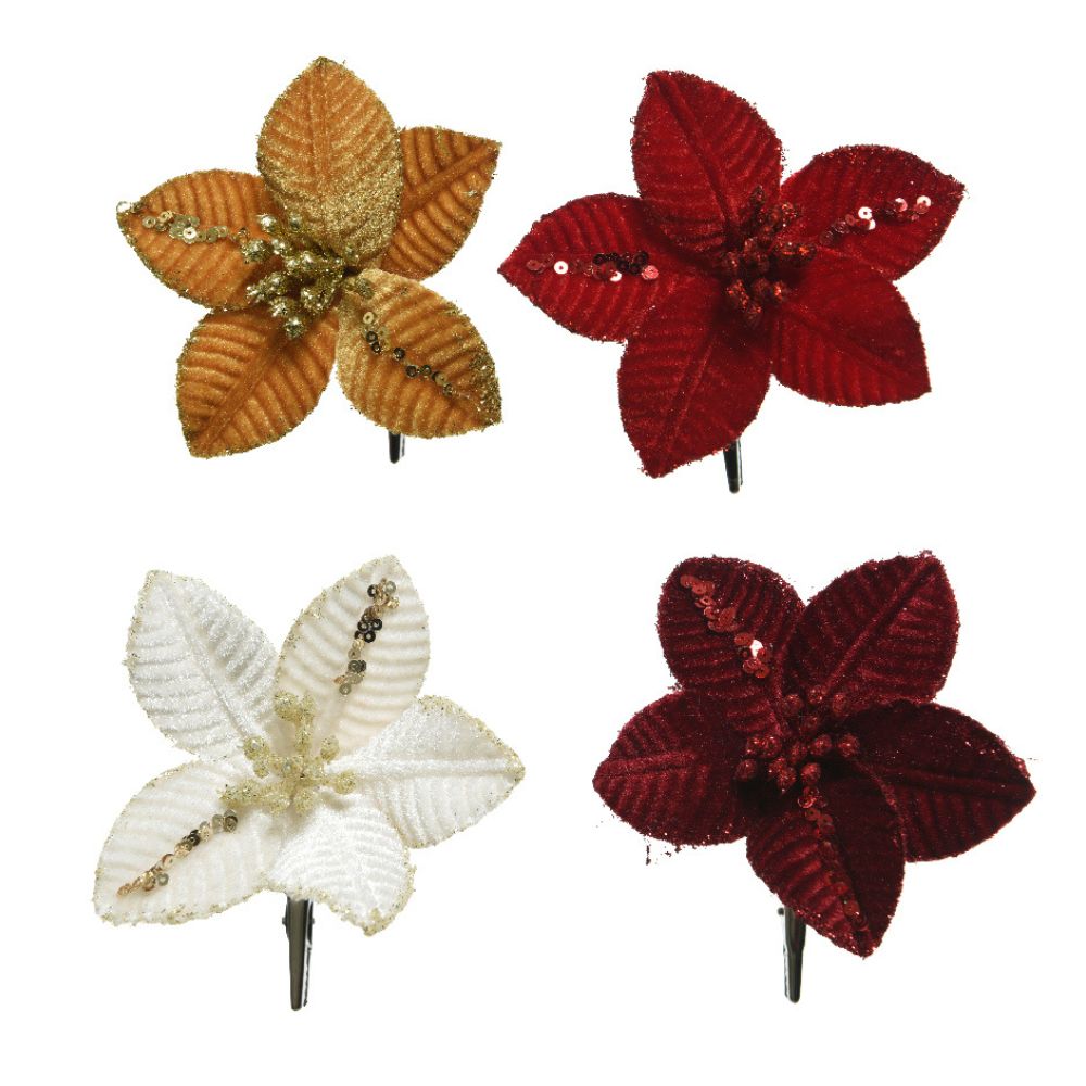 Decoris 10cm Velvet Glitter Poinsettia Clip (Choice of 4)