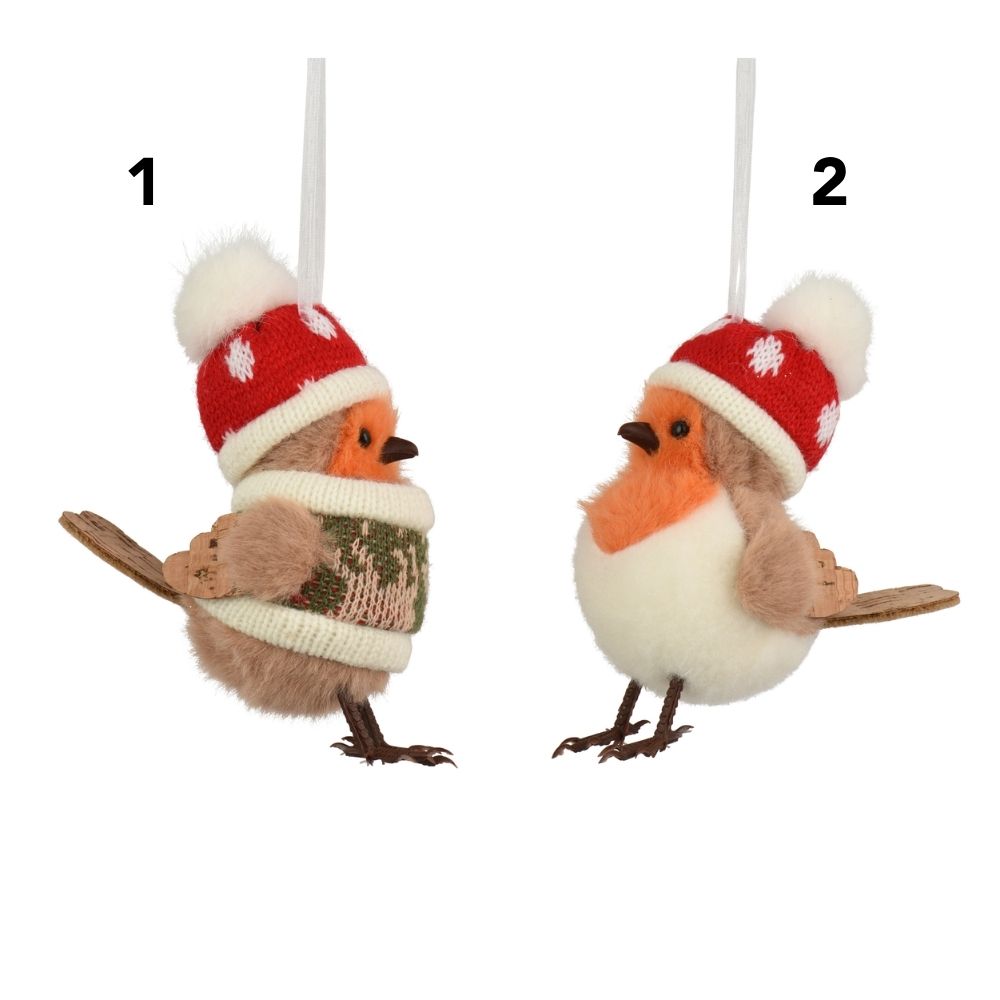 Decoris 11.5cm Fluffy Robin in Hats Hanging Decoration - (Choice of 2)