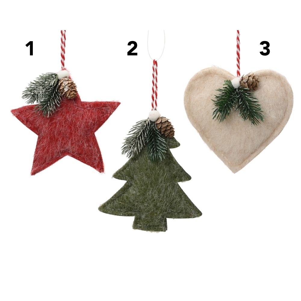 Decoris 12cm Felt Christmas Shapes Hanging Decoration - (Choice of 3)
