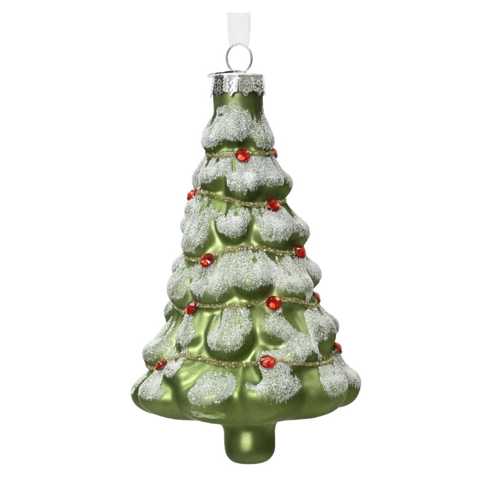Decoris 12cm Glass Christmas Tree Snow Finish Hanging Decoration - Green