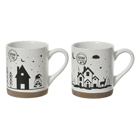 Two ceramic mugs with winter-themed designs on a white background