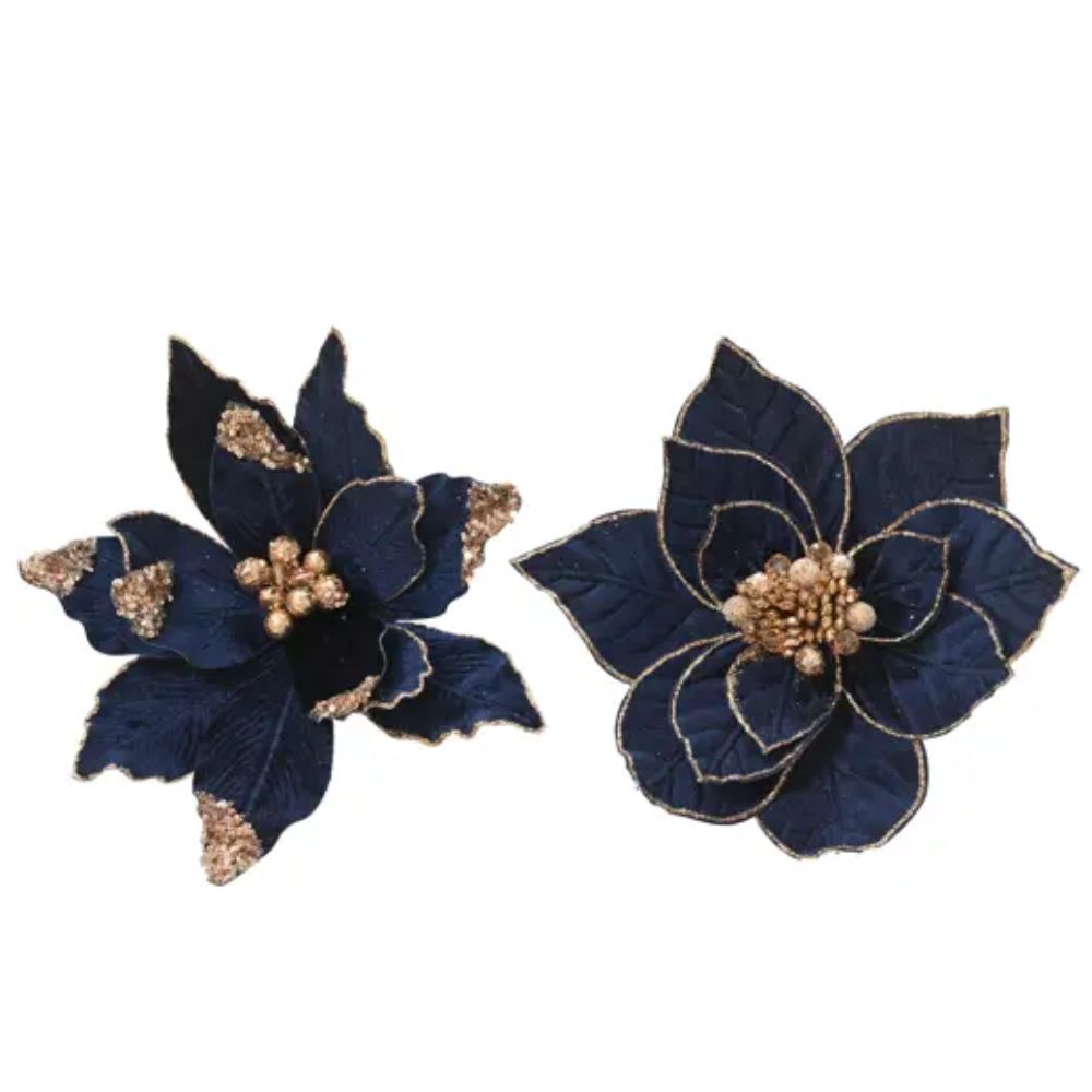Decoris 13cm Navy & Gold Poinsettia on Clip (Choice of 2)