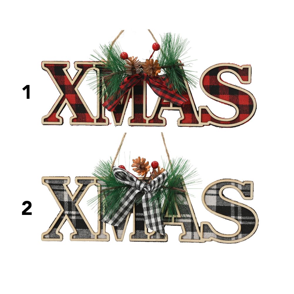 Decoris 13cm Wooden Xmas Text with Foliage Hanging Decoration - (Choice of 2)