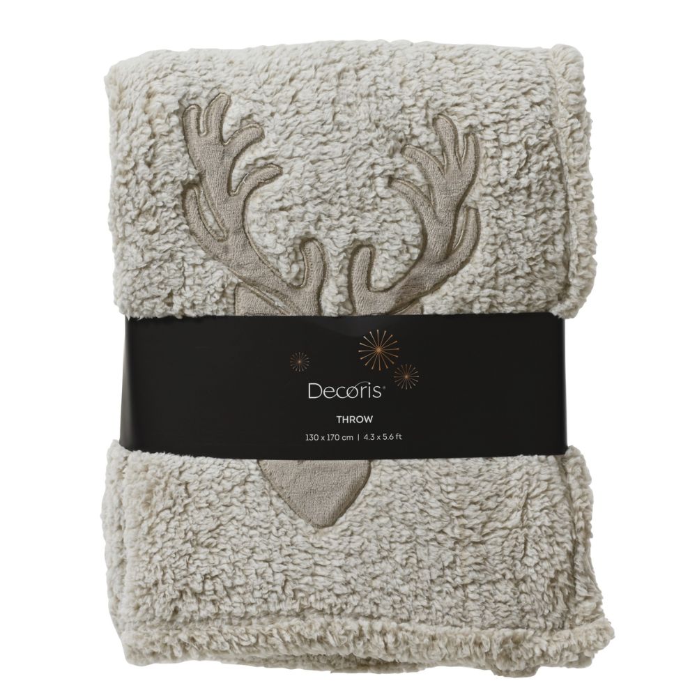 Decoris 170cm Beige Reindeer Embroidery Festive Throw