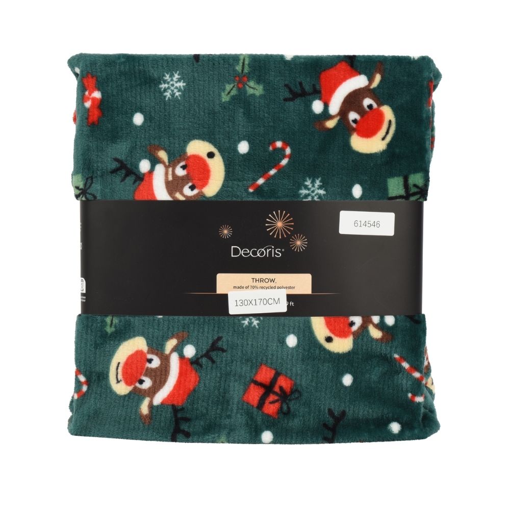 Decoris 170cm Flannel Deer Print Fleece Throw - Green