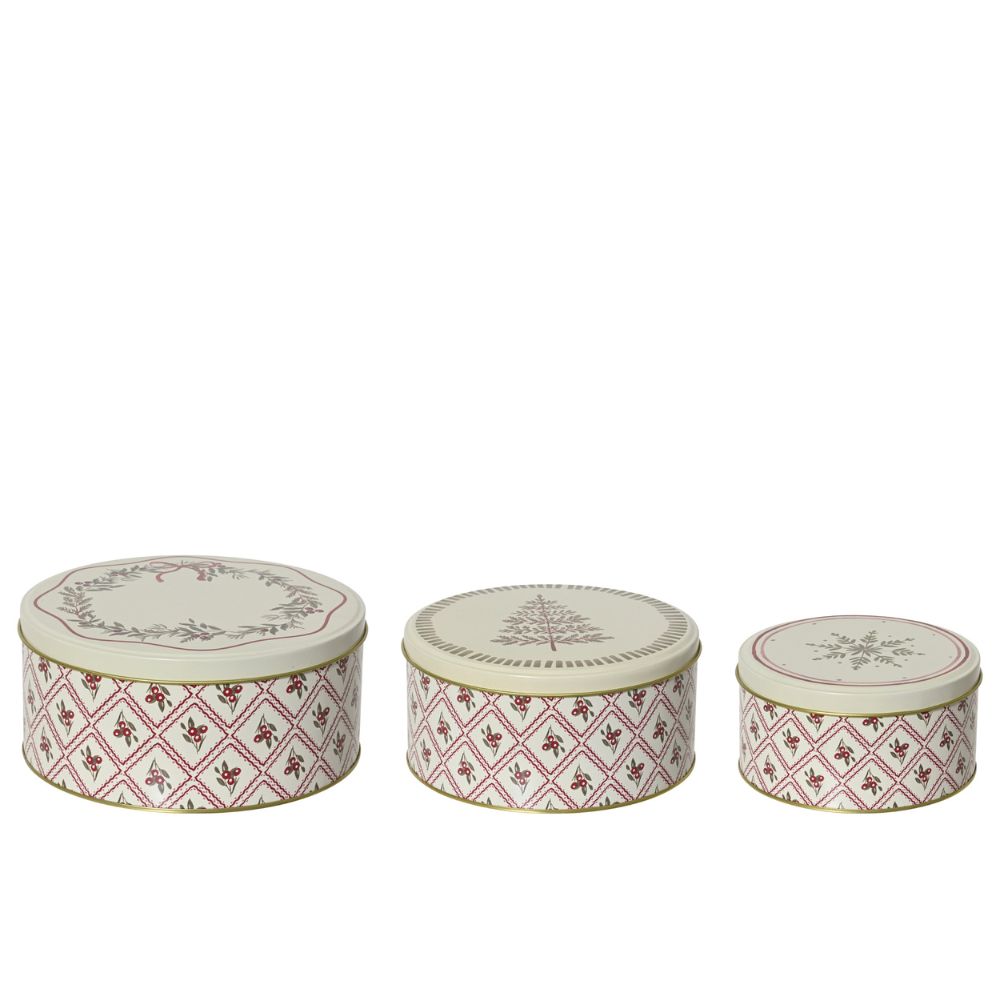 Decoris 20cm Christmas Holly Printed Tins - Set of 3