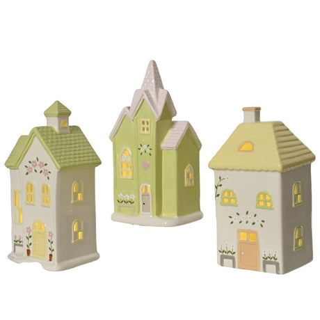 Decoris 22cm Porcelain LED House (Choice of 3) - Green/White - Old Railway Line Garden Centre