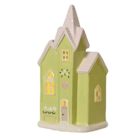 Decoris 22cm Porcelain LED House (Choice of 3) - Green/White - Old Railway Line Garden Centre