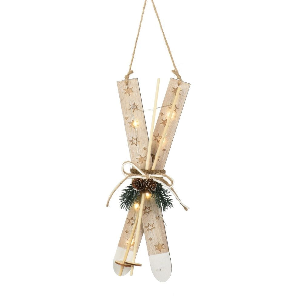 Decoris 28.5cm Wooden Lit Micro LED Ski Hanging Decoration