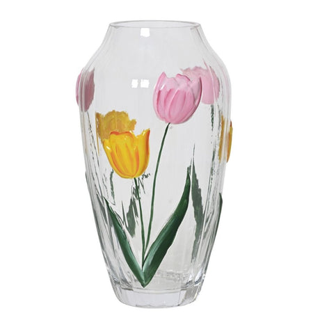 Decoris 28cm Clear Glass Vase with Painted Flowers - Old Railway Line Garden Centre