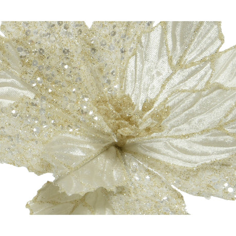Decoris 28cm Ivory & Gold Pearl Glitter Flower (Choice of 2)