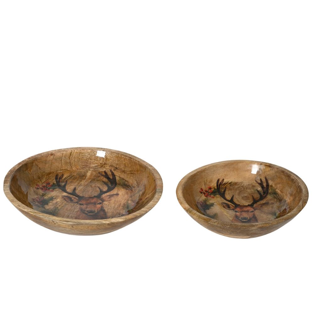 Decoris 30cm Mangowood Reindeer Print Bowl