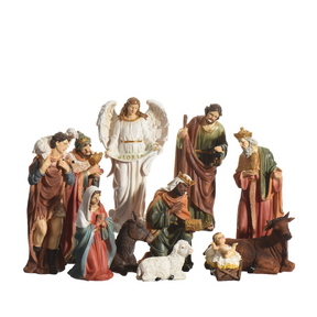 A set of 11 polyresin nativity figures, including the figures of Joseph, Mary, baby Jesus, and various other characters and animals, positioned against a white background.