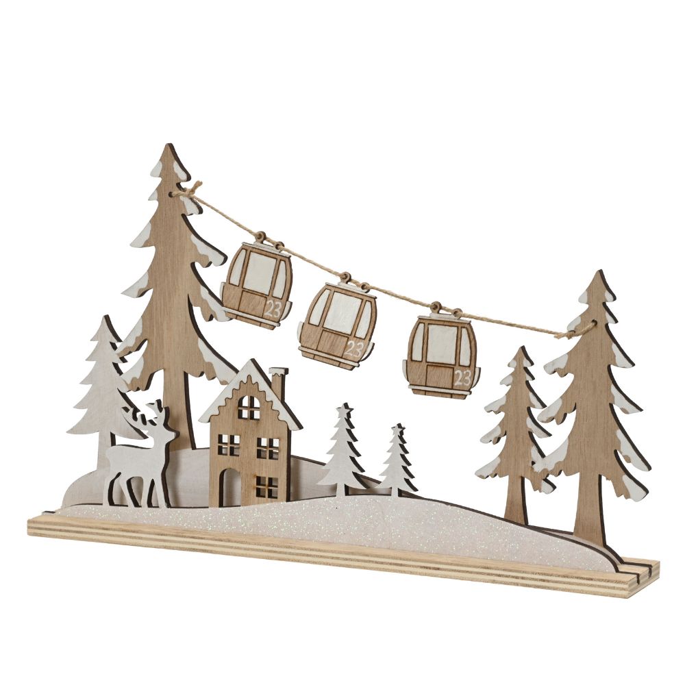Decoris 30cm Wooden Ski Lift Festive Scene Ornament