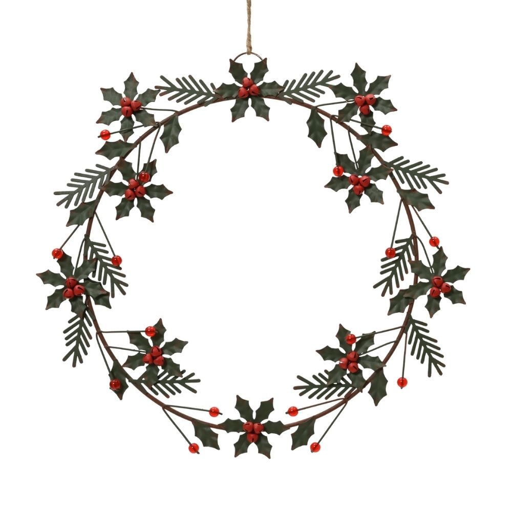 Decoris 32cm Large Iron Holly & Berry Wreath Hanging Decoration