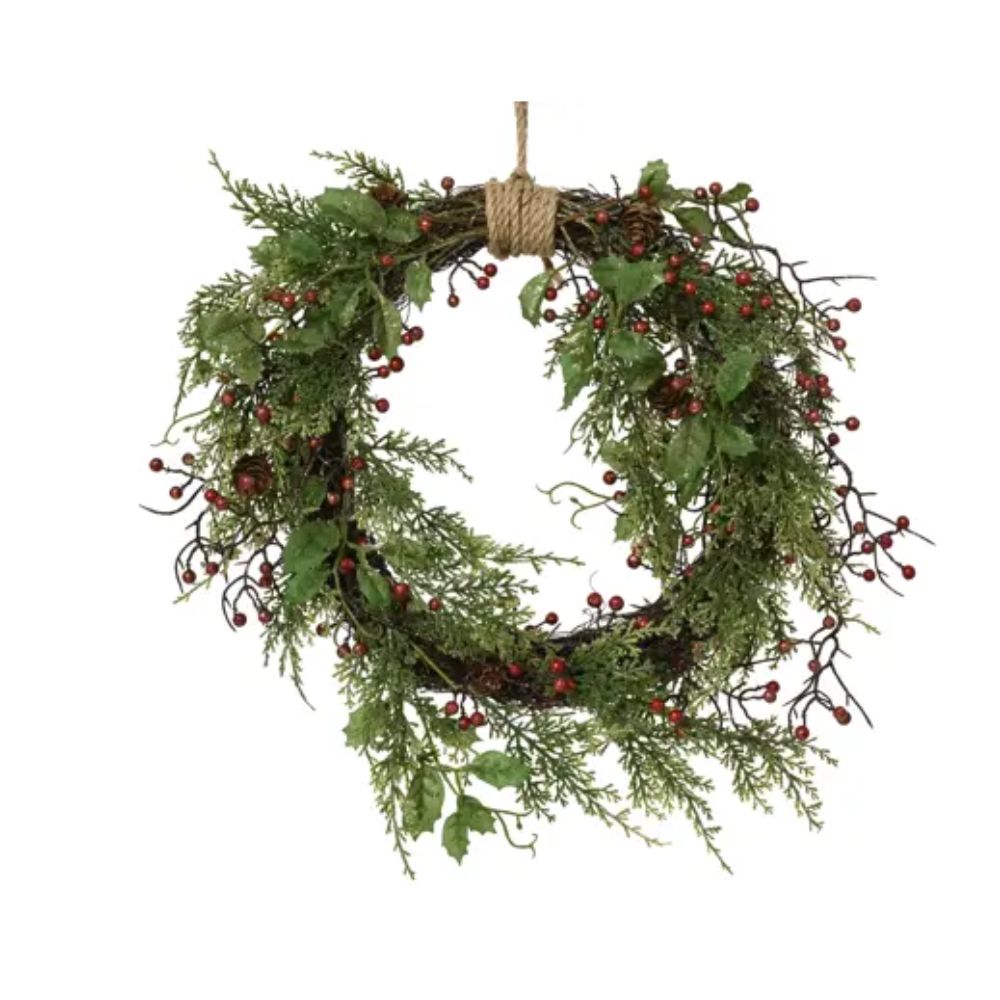 Decoris 40cm Red Berries, Pinecones & Glitter Wreath