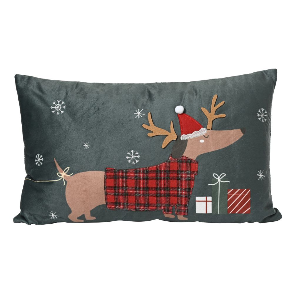 Decoris 50cm Rectangular Reindeer Dachshund Pattern Cushion