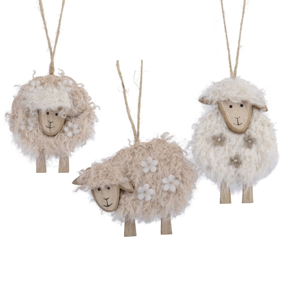 Decoris 8.5cm Faux Fur Sheep Hanging Decoration (Choice of 3) - Old Railway Line Garden Centre