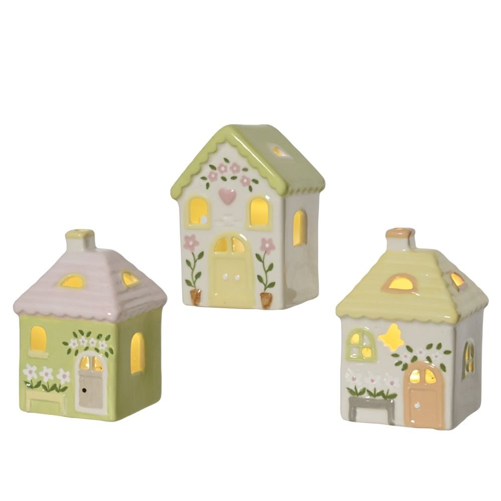 Decoris 9.5cm Porcelain LED House (Choice of 3) - Green/White - Old Railway Line Garden Centre