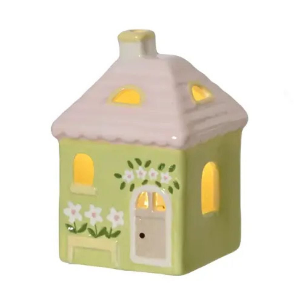 Decoris 9.5cm Porcelain LED House (Choice of 3) - Green/White - Old Railway Line Garden Centre