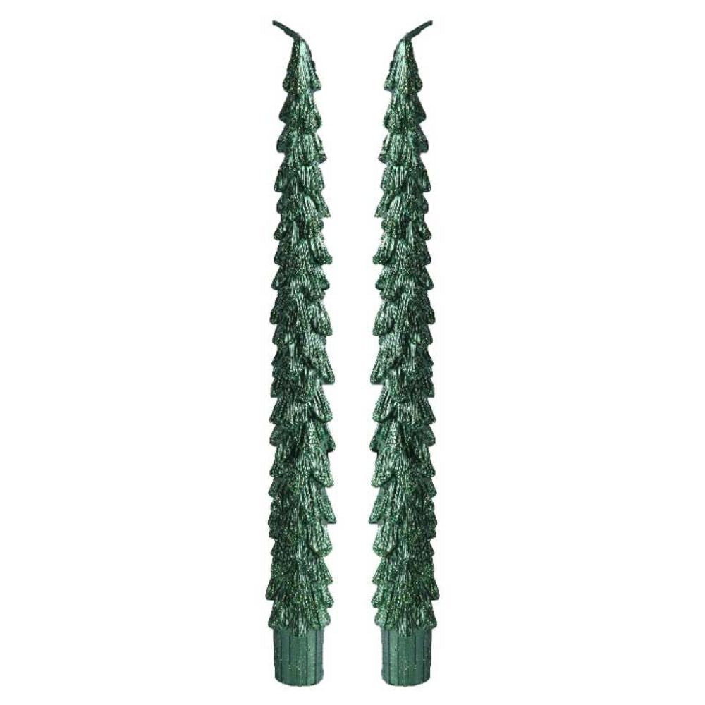 Decoris Green Glitter Christmas Tree Dinner Candle (Set of 2)