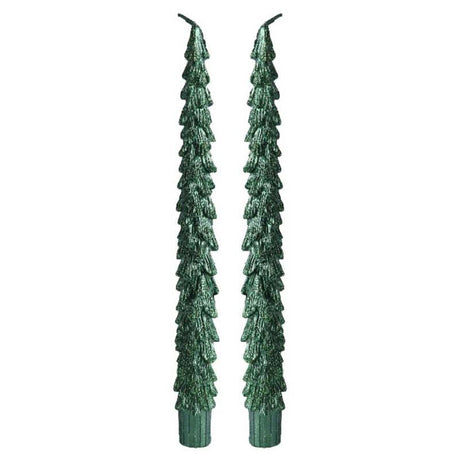 Decoris Green Glitter Christmas Tree Dinner Candle (Set of 2)