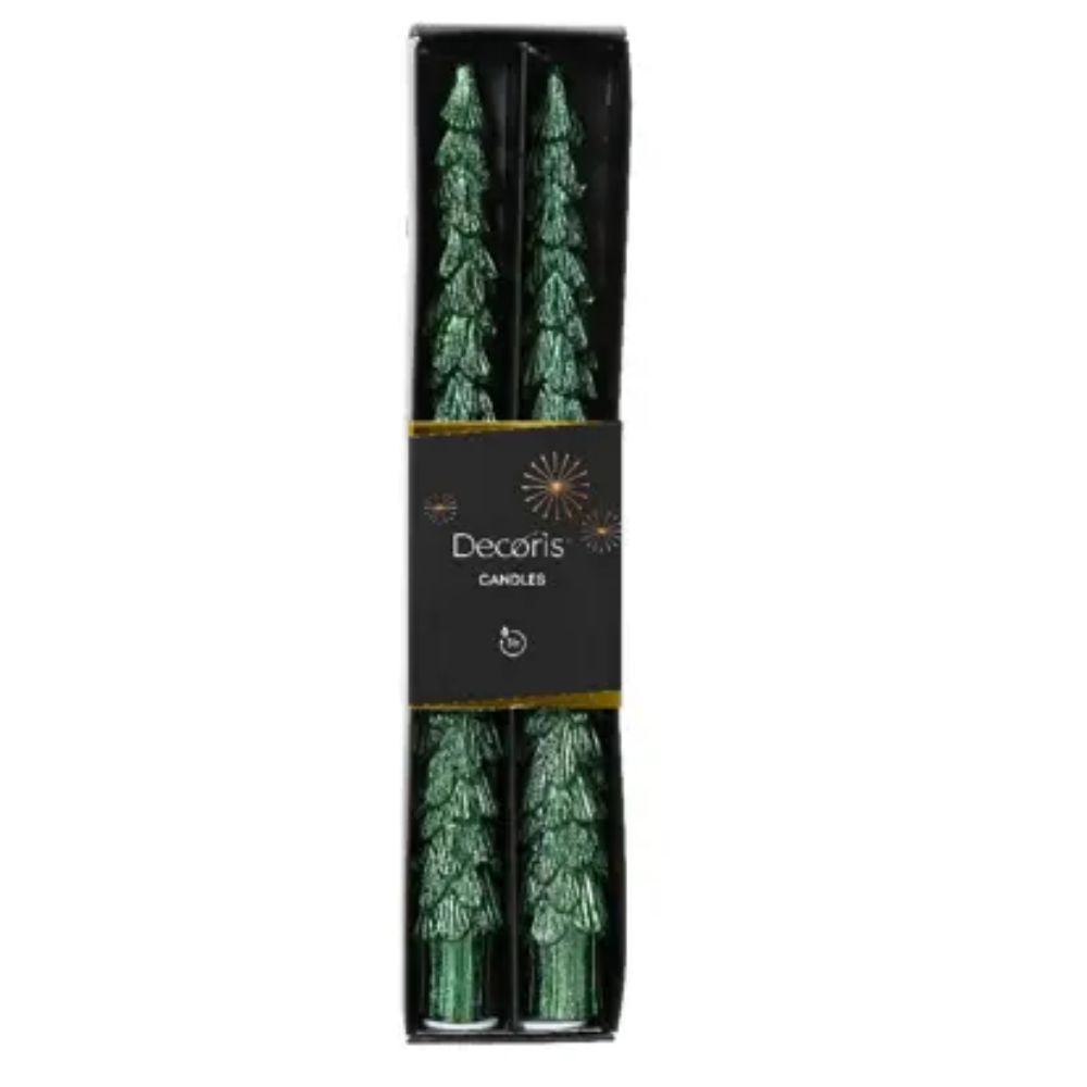Decoris Green Glitter Christmas Tree Dinner Candle (Set of 2)