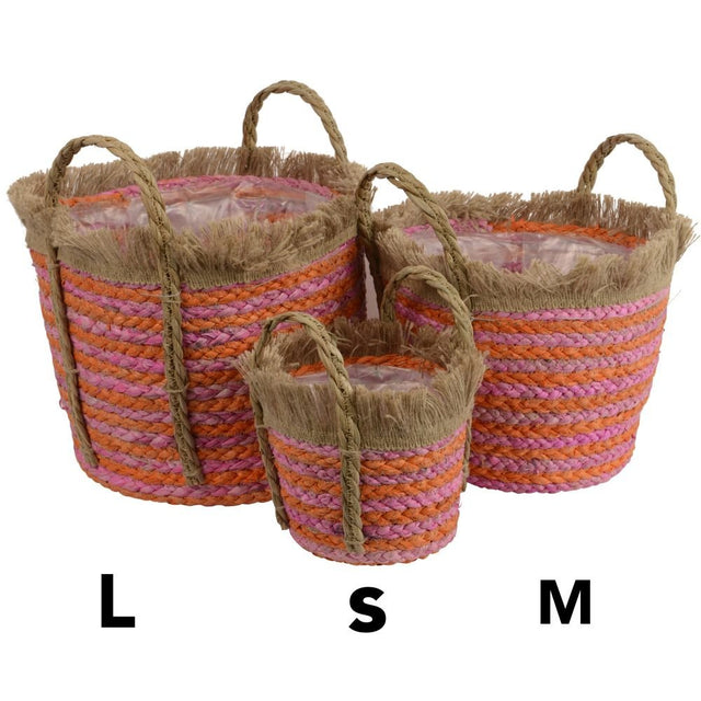 Decoris Small Round Corn Leaf Planter with Handle - Pink & Orange - Old Railway Line Garden Centre