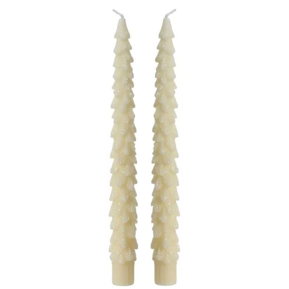 Decoris White Glitter Christmas Tree Dinner Candle (Set of 2)