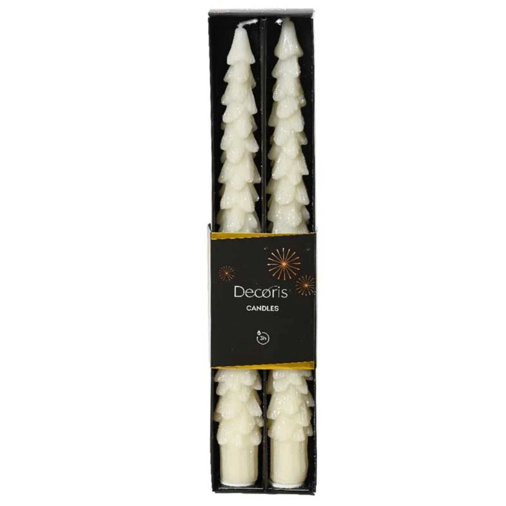 Decoris White Glitter Christmas Tree Dinner Candle (Set of 2)