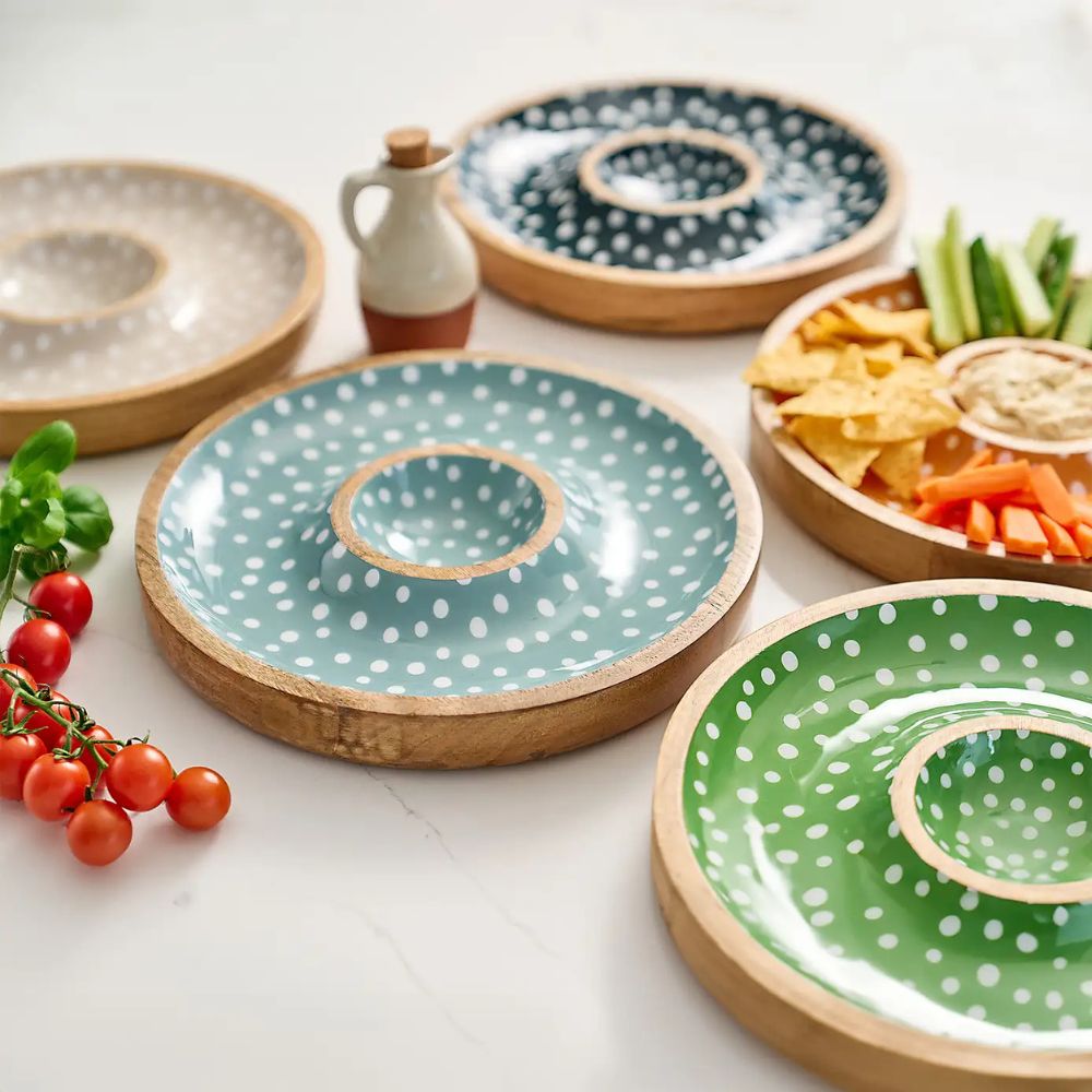 Dexam 30cm Sintra Mango Wood Spotted Chip and Dip Bowl - Ochre - Old Railway Line Garden Centre