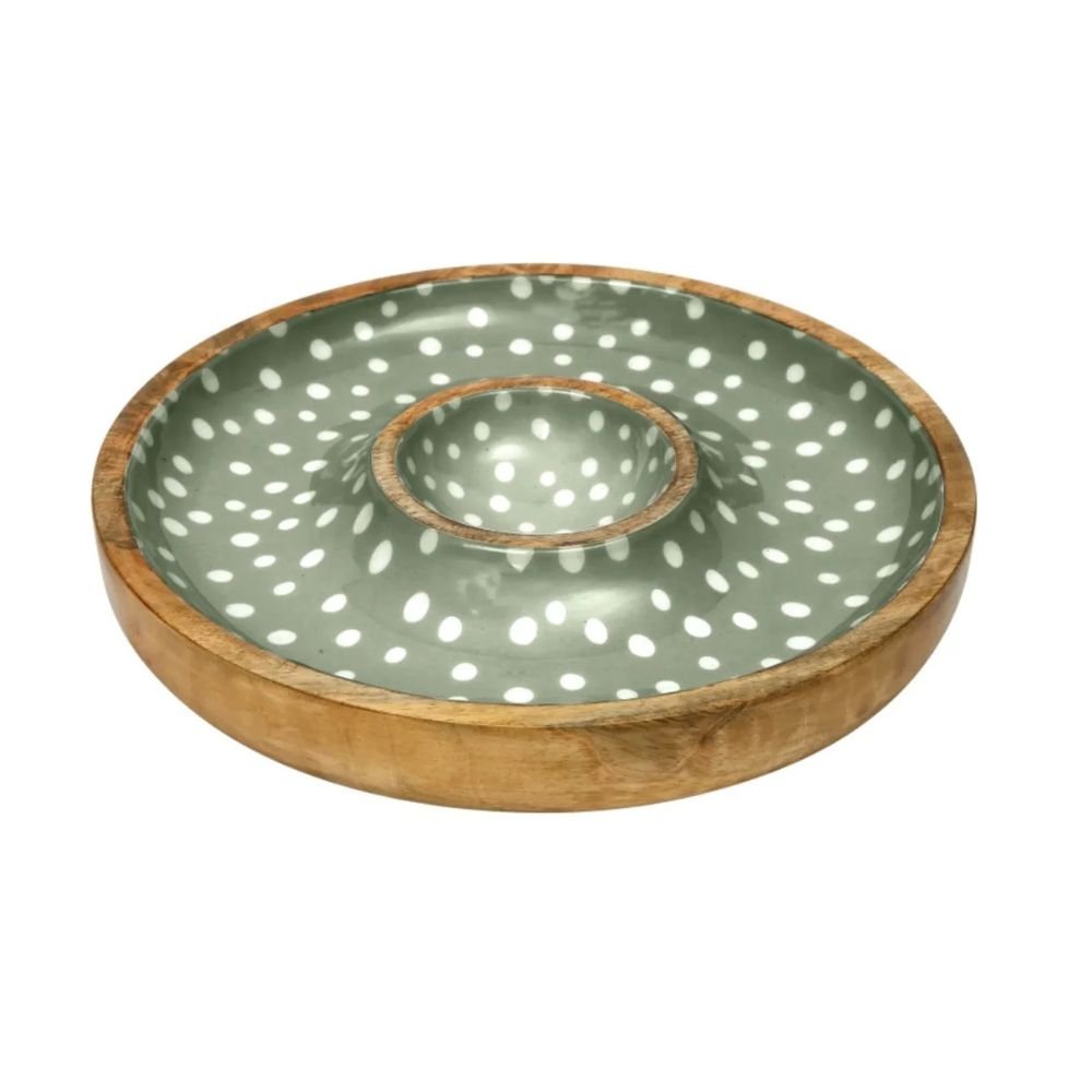 Dexam 30cm Sintra Mango Wood Spotted Chip and Dip Bowl - Olive Green - Old Railway Line Garden Centre