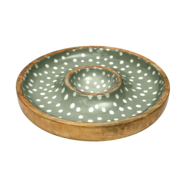 Dexam 30cm Sintra Mango Wood Spotted Chip and Dip Bowl - Olive Green - Old Railway Line Garden Centre