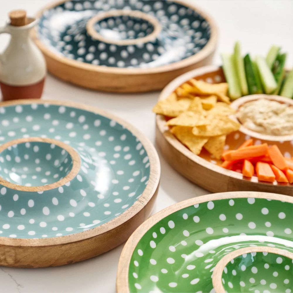Dexam 30cm Sintra Mango Wood Spotted Chip and Dip Bowl - Olive Green - Old Railway Line Garden Centre