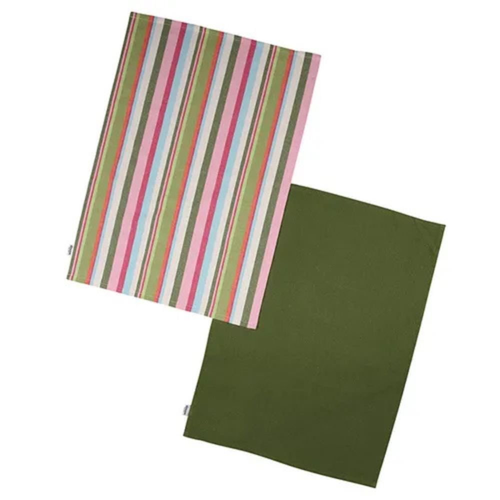 Dexam 70cm Recycled Cotton Striped Set of 2 Tea Towels - Green - Old Railway Line Garden Centre