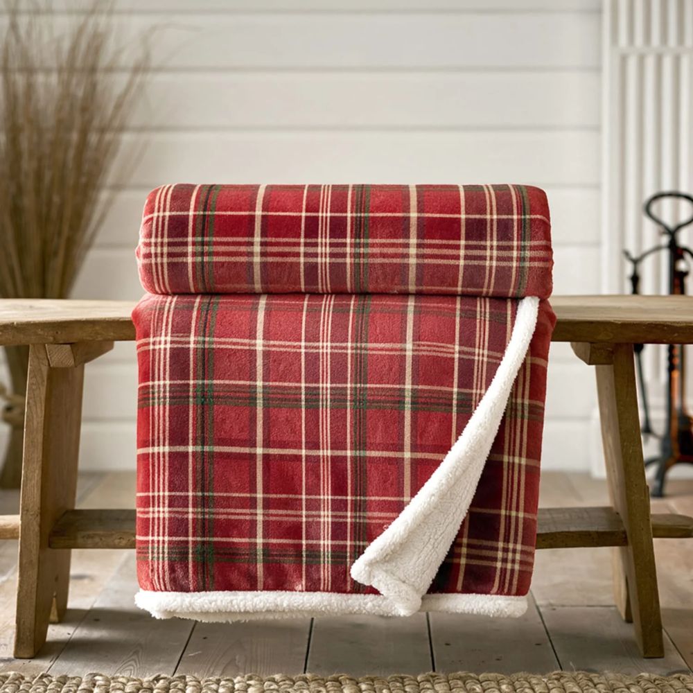 Deyongs 170cm Red Check Sherpa Fleece Throw