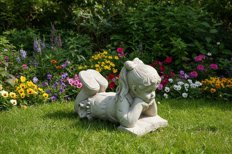 Dream Gardens 33cm Girl & Book Stone Garden Ornament - Old Railway Line Garden Centre