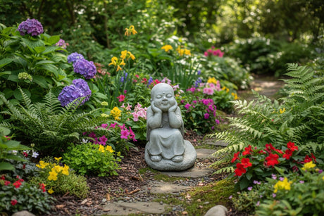 Dream Gardens 42cm Sitting Buddha Stone Garden Ornament - Old Railway Line Garden Centre