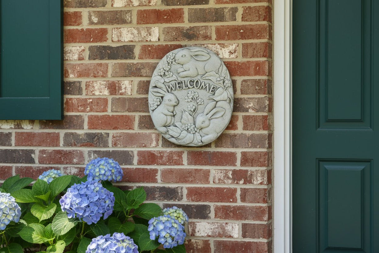 Dream Gardens 46cm Welcome Rabbits Stone Plaque - Old Railway Line Garden Centre