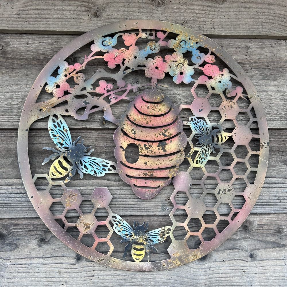 Eastern Connections 50cm Cherry Blossom with Bee Hive Colourful Metal Wall Art - Old Railway Line Garden Centre