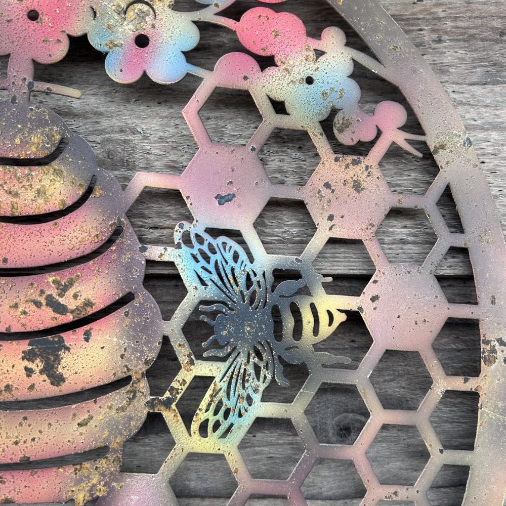 Eastern Connections 50cm Cherry Blossom with Bee Hive Colourful Metal Wall Art - Old Railway Line Garden Centre