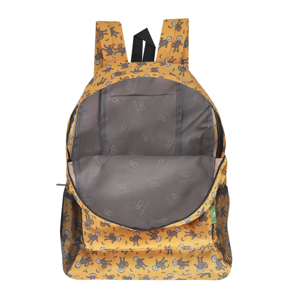 Eco Chic Lightweight Foldable Backpack Monkeys - Mustard - Old Railway Line Garden Centre